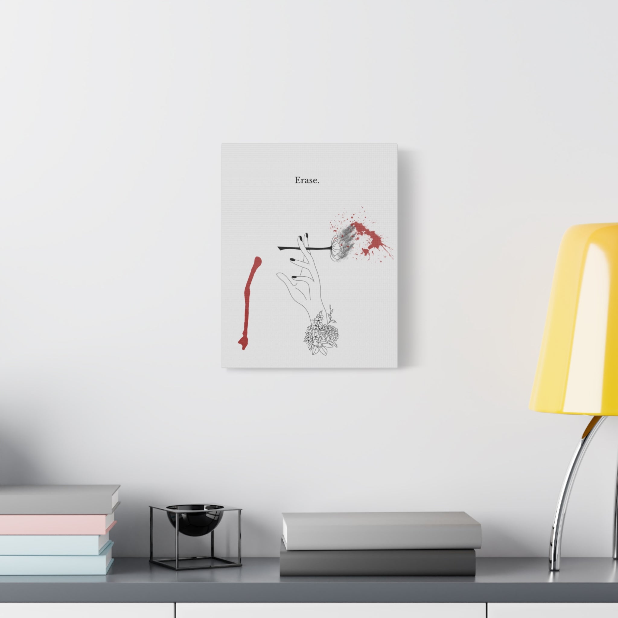 Matte Stretched Canvas Print — Minimalist 'Erase.' Hand Illustration with Red Ink Accent