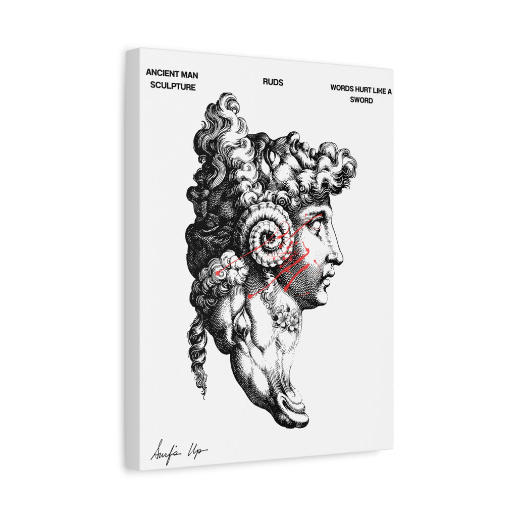 Ancient Man Sculpture Canvas Print — 'Words Hurt Like a Sword' Matte Stretched Wall Art