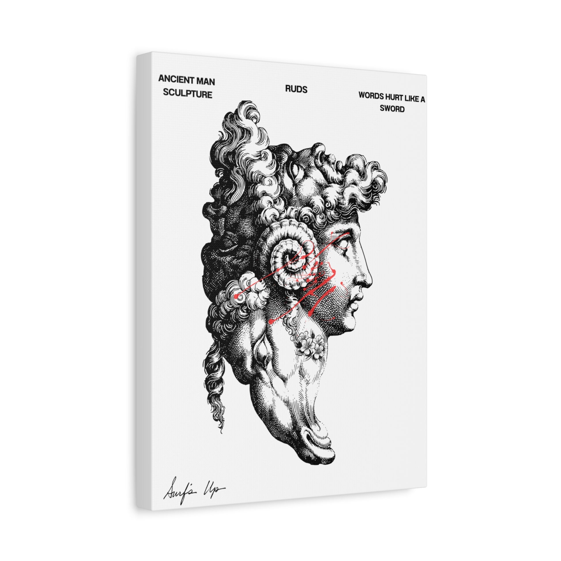 Ancient Man Sculpture Canvas Print — 'Words Hurt Like a Sword' Matte Stretched Wall Art