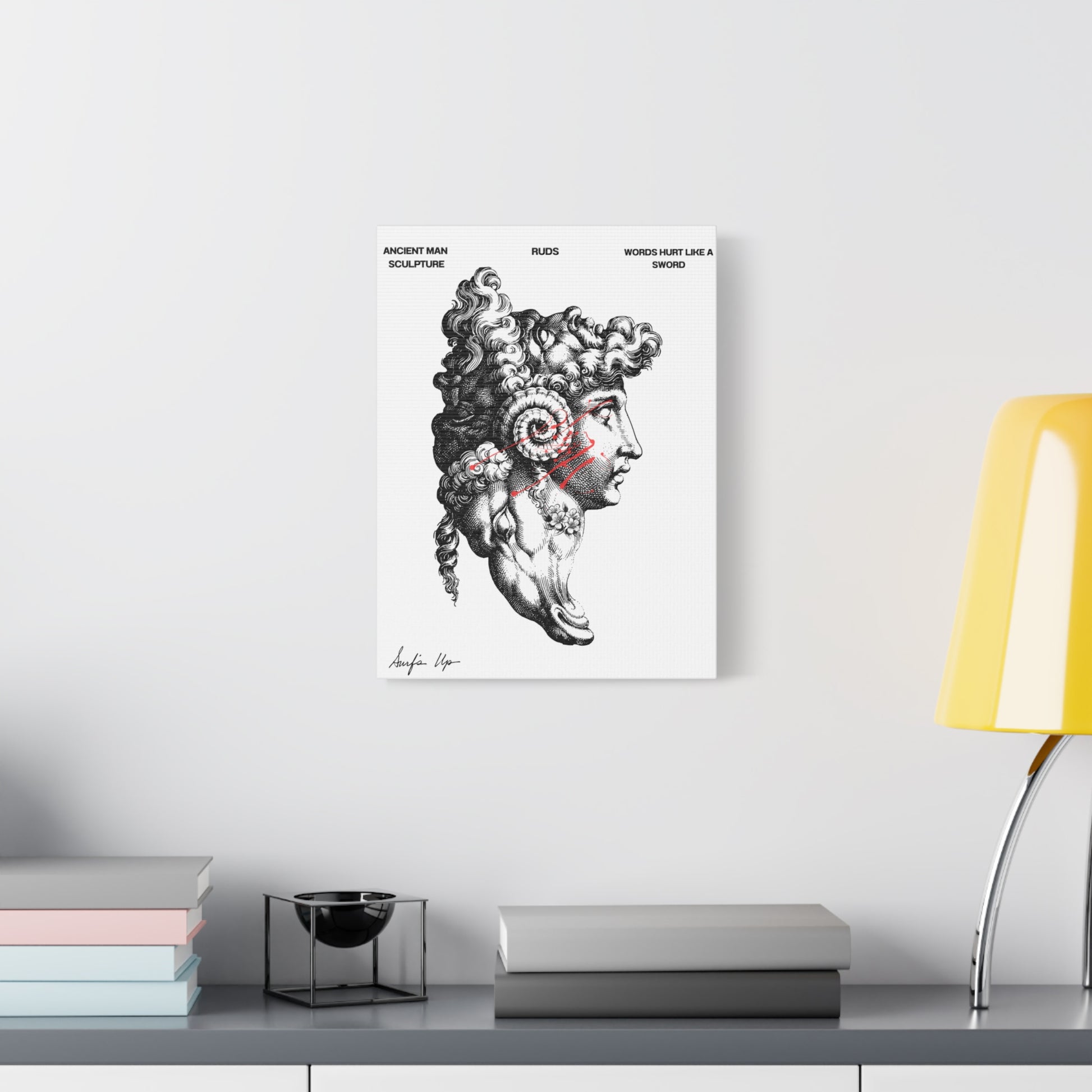 Ancient Man Sculpture Canvas Print — 'Words Hurt Like a Sword' Matte Stretched Wall Art