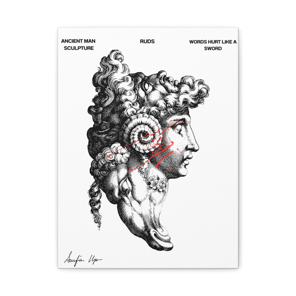 Ancient Man Sculpture Canvas Print — 'Words Hurt Like a Sword' Matte Stretched Wall Art