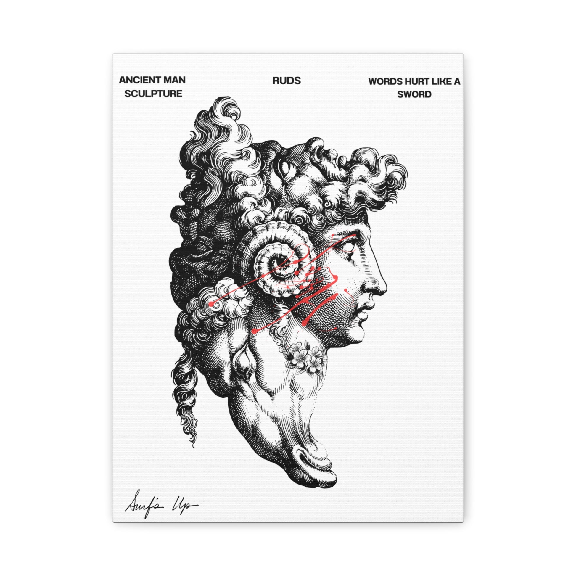 Ancient Man Sculpture Canvas Print — 'Words Hurt Like a Sword' Matte Stretched Wall Art