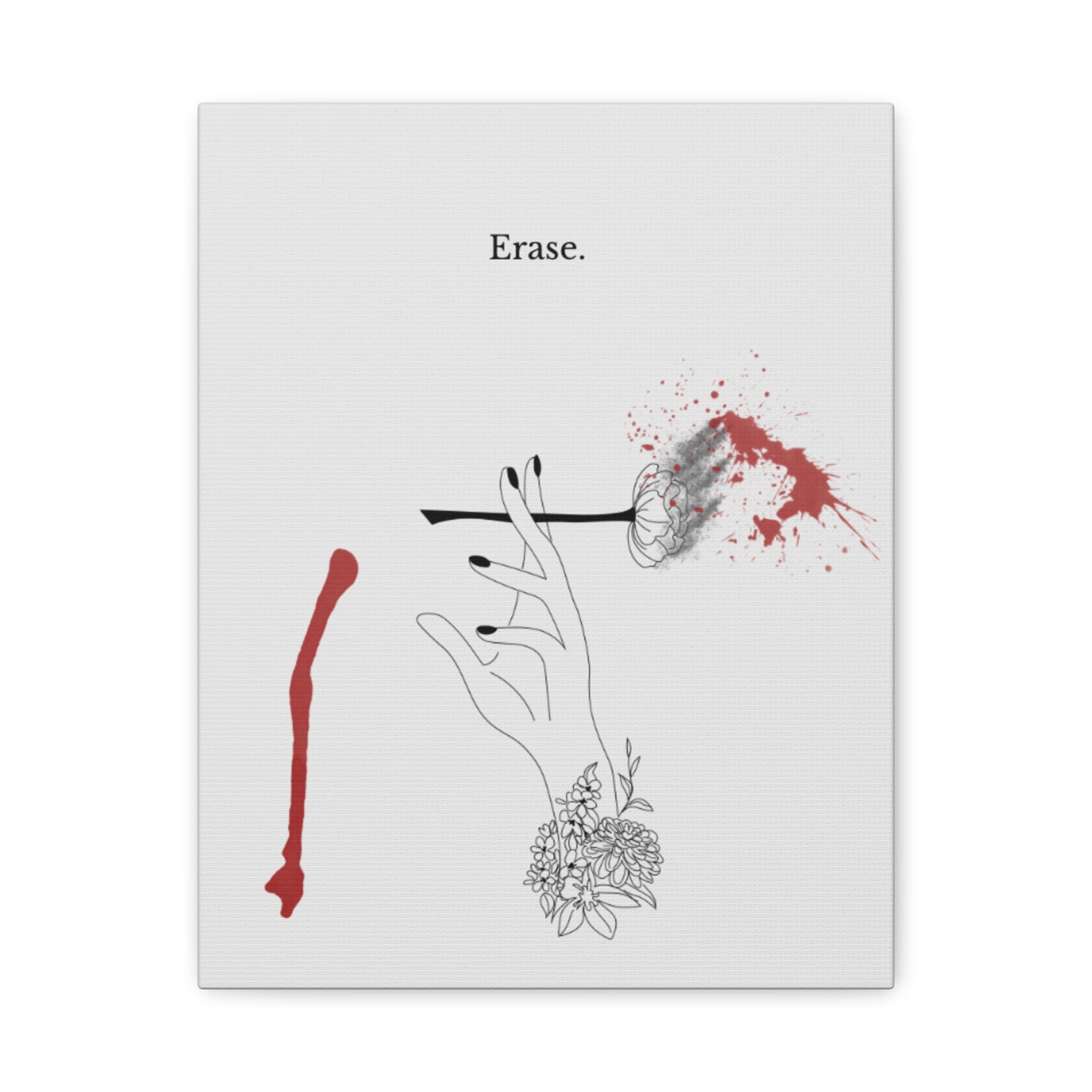 Matte Stretched Canvas Print — Minimalist 'Erase.' Hand Illustration with Red Ink Accent